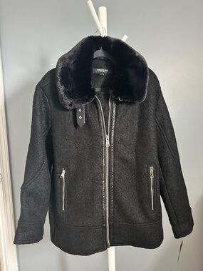 Kenneth Cole Charcoal Black Wool Blend Coat with Faux Fur Trim